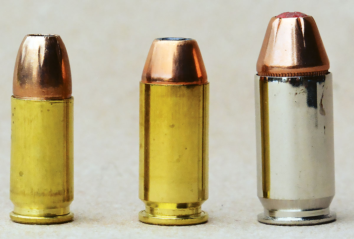 The 40 S&W (center) fills the gap between the 9mm Luger (left) and the 45 ACP (right).